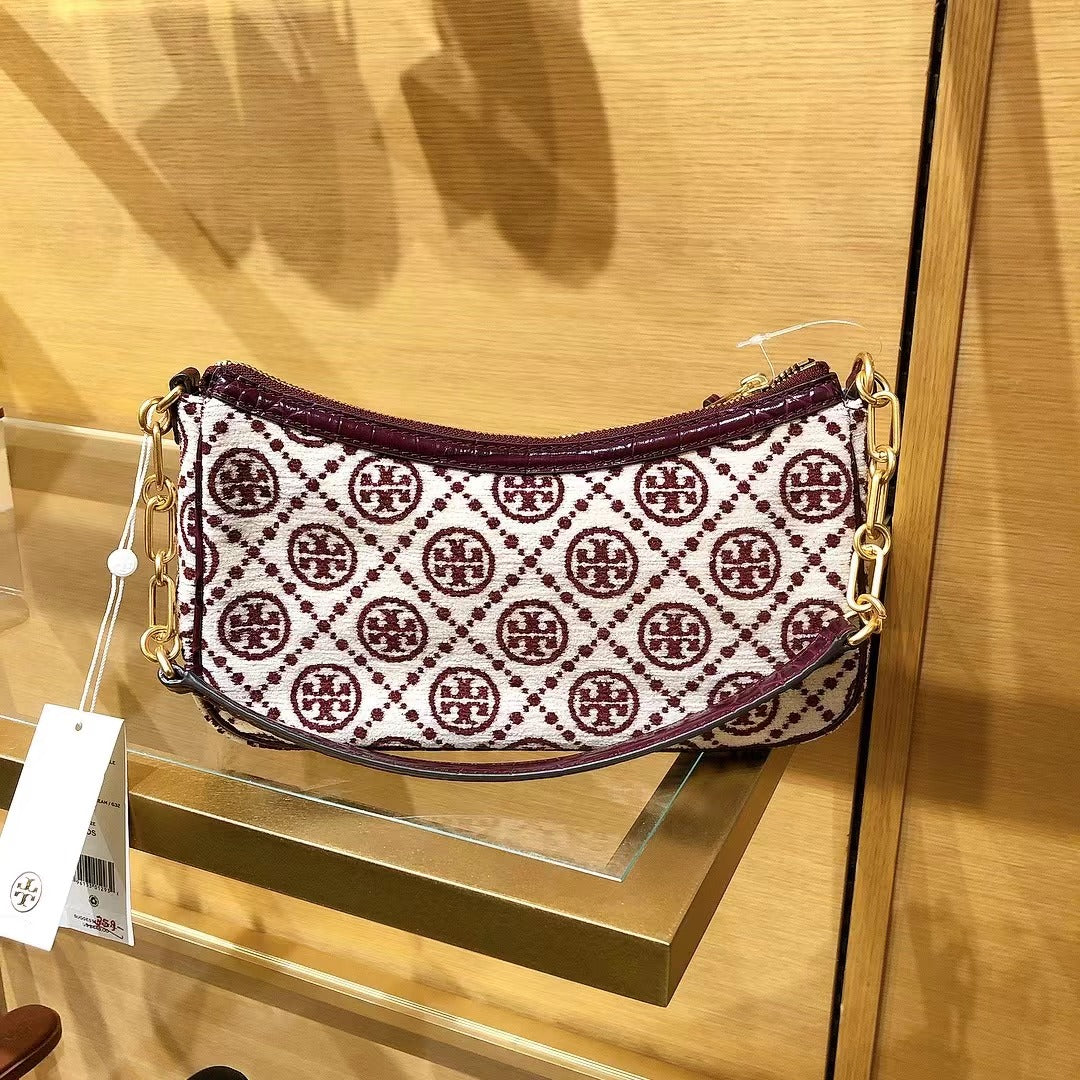 TORY BURCH 86553 1121 T MONOGRAM CHENILLE STUDIO BAG IN Claret / New Cream TORY BURCH 86553 1121 T MONOGRAM CHENILLE STUDIO BAG IN Claret / New Cream